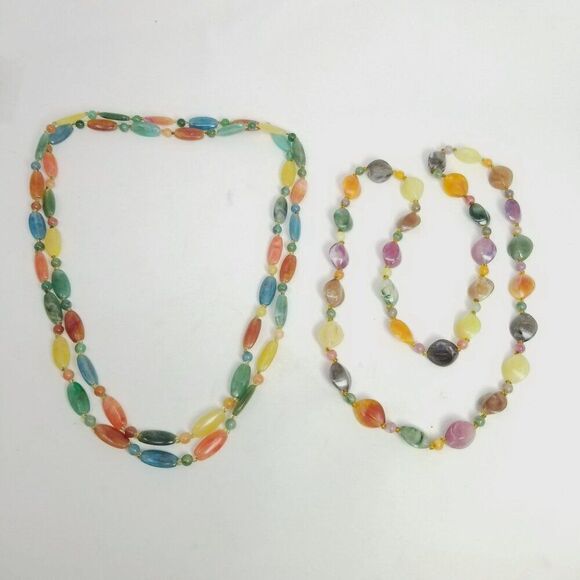Vintage Set of 2 Colorful Beaded Necklaces, Long Layered, Plastic Beads, Estate - Picture 8 of 8